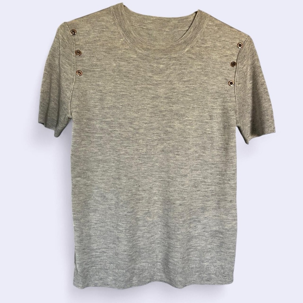 ESCADA Soft Wool Knit T-Shirt Sweater Top w/Gold Grommet Accent & Trim Details